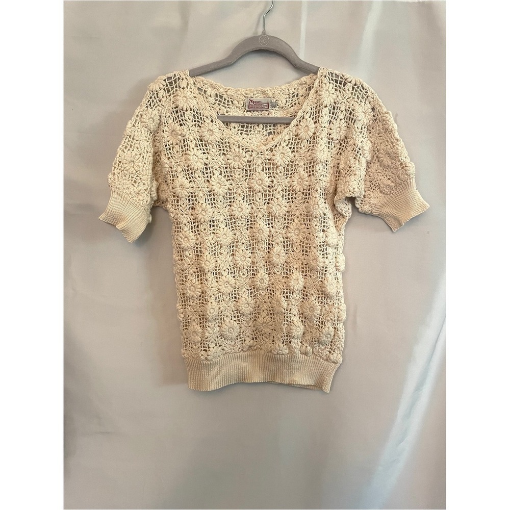 Vintage Cream Floral Crochet Short Sleeve Sweater Boho Grandmacore Farmcore